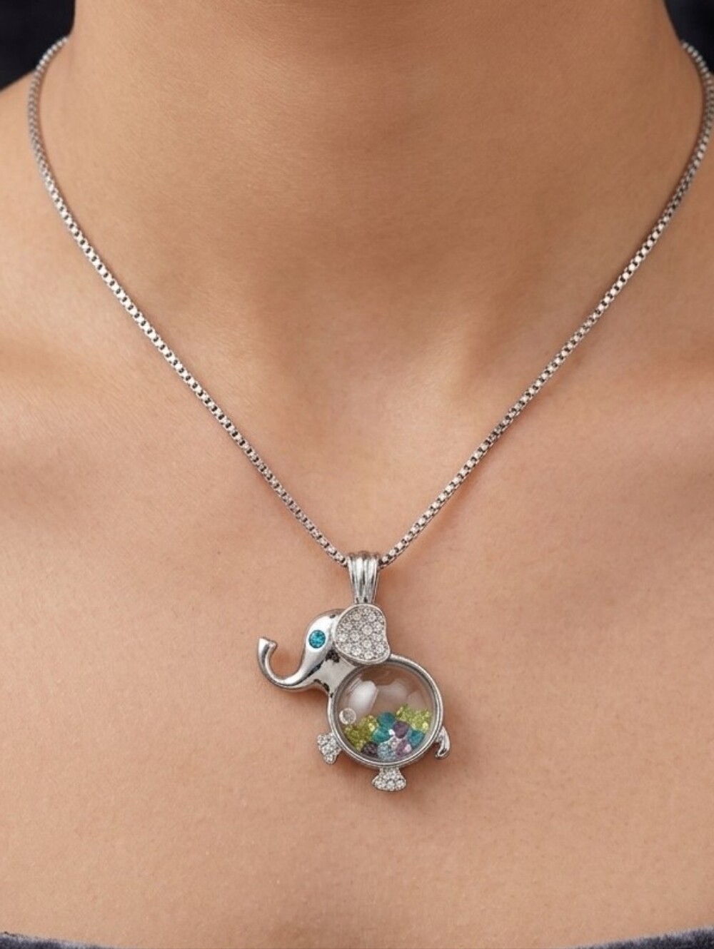 Stainless Steel Elephant Pendant Necklace with Multicolor Accents